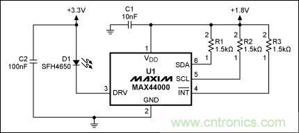 圖2：MAX44000典型電路，帶有發(fā)射器旁路