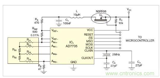 圖1：測量電路測三個點(diǎn)的值，微控制器就可以計(jì)算出傳感器值