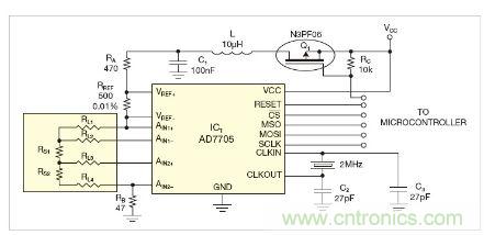 圖1：測量電路測三個點的值，微控制器就可以計算出傳感器值。