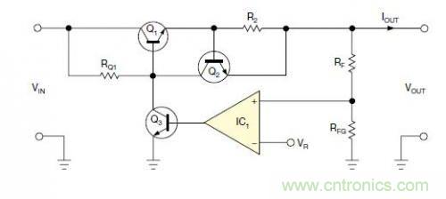 圖1:一個(gè)標(biāo)準(zhǔn)的線性穩(wěn)壓器直接將反饋連接到串聯(lián)導(dǎo)通晶體管上。