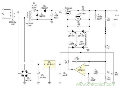 圖2:光耦將晶體管上的高電壓與運(yùn)放輸出隔離