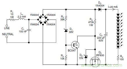 圖2：斬波工作類似圖1中的電路，但以較大的LED串聯(lián)電阻代替了恒流源，提供限流功能