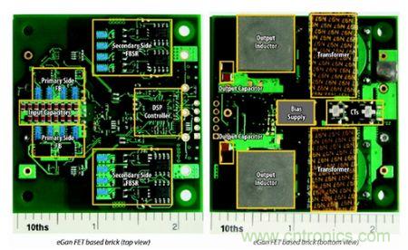 圖6：采用eGaN FET設(shè)計(jì)的48V至53V半磚PSE轉(zhuǎn)換器的頂視圖和底視圖(單位為英寸)。
