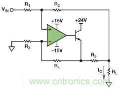 圖1. 改進型Howland電流源驅(qū)動接地負載。