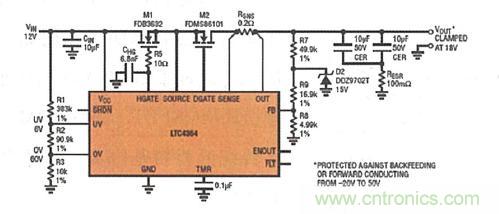 圖8：LTC4364 提供了針對過壓、短路或反向電壓的內(nèi)置輸出端口保護功能