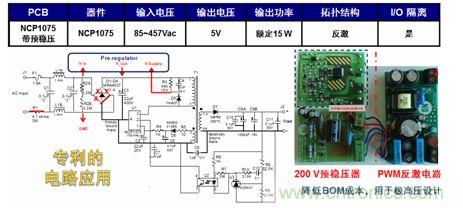 基于NCP1075開關穩(wěn)壓器和200 V預穩(wěn)壓器的極寬電壓范圍15 W參考設計。