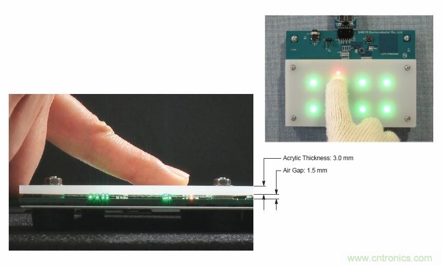 圖7. 安森美半導(dǎo)體電容式觸摸傳感器具有高度靈敏度，支持戴手套觸摸，支持含氣隙應(yīng)用