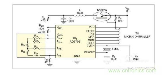 測量電路測三個點的值，微控制器就可以計算出傳感器值