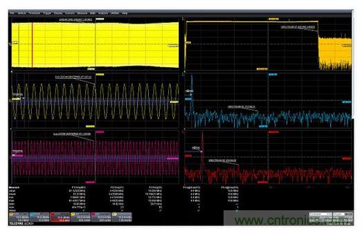 使用縮放功能選通FFT的例子。在437&mu;s和1.42ms處采集的兩個5&mu;s縮放波形顯示了作為時間函數(shù)的頻率的差別。