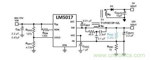 基于 LM5017 的 Fly-Buck 轉(zhuǎn)換器電路，沒有基于光耦合器的穩(wěn)壓電路