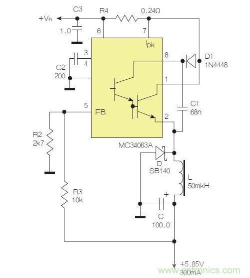 采用降壓配置中廣為使用的MC33063/MC34063的一個示例。