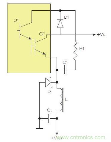 為了實現(xiàn)用兩個元器件提升電源轉換效率，芯片上應有針對驅動器晶體管Q1集電極的單獨引腳。
