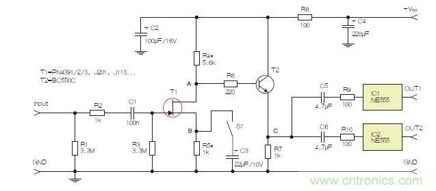 所示電路采用兩個工作在不同頻率下的555定時器，以獲取不同的音