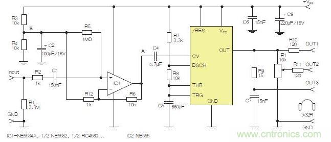 含運(yùn)算放大器和NE555定時器的耳機(jī)和音頻線路驅(qū)動器。也可以使用CMOS版本(如LMC555)，但輸出電流較低。其優(yōu)點(diǎn)為工作頻率較高。