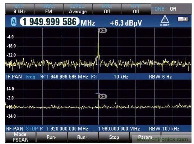 PSCAN停止后顯示雙頻譜，在上方的中頻頻譜更好地顯示干擾信號