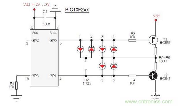 測(cè)試選擇PIC10F200，固件以?xún)蓚€(gè)獨(dú)立、簡(jiǎn)單的匯編程序源代碼的方式提供。