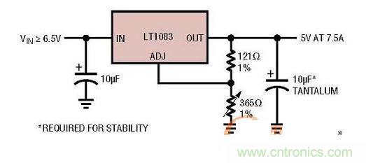 集成型線性穩(wěn)壓器實(shí)例：只有3個(gè)引腳的7.5A線性穩(wěn)壓器。