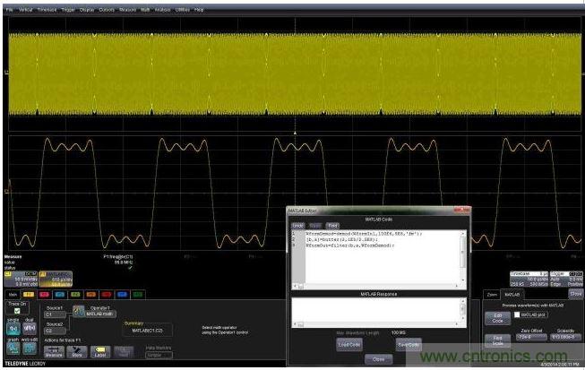 這個(gè)嵌入式MATLAB腳本用于解調(diào)調(diào)頻載波，并顯示調(diào)制波形。編輯框允許用戶不離開示波器環(huán)境就能完成腳本的創(chuàng)建或編輯。
