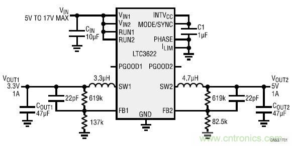 17V輸入、雙路1A輸出的同步降壓型穩(wěn)壓器