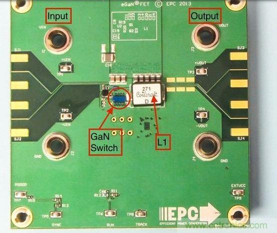 演示板用于顯示GaN的EMI。該GaN組件被圈定，我會在L1左側(cè)測量切換的波形。