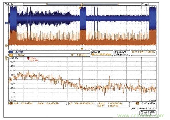 使用示波器模擬通道上的無(wú)源探針找出與射頻關(guān)聯(lián)的信號(hào)。