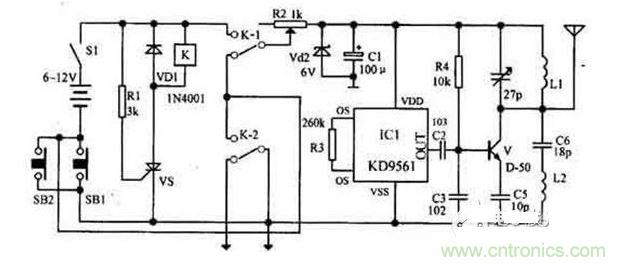 【導(dǎo)讀】隨著環(huán)保意識(shí)的增強(qiáng)，電動(dòng)車已大量進(jìn)入我們家庭，成為部分人必不可少的交通工具。如何防止電動(dòng)車被盜則是車主十分關(guān)心的問題，為此，出現(xiàn)了各類電動(dòng)車防盜鎖。除此之外呢？還有什么好的方法防盜呢？我們?yōu)榇蠹医榻B一款電動(dòng)車防盜報(bào)警器電路圖。  各類電動(dòng)車防盜鎖大量涌出，但是，電動(dòng)車被盜現(xiàn)象仍層出不窮，較高級(jí)的電動(dòng)車防盜鎖在短時(shí)間內(nèi)難以破壞，盜賊便將電動(dòng)車搬上其它車輛上盜走，這樣，再高級(jí)的防盜鎖也顯得無能為力了。鑒于此，我們?yōu)榇蠹医榻B一款電動(dòng)車防盜報(bào)警器電路圖。 1 報(bào)警器發(fā)射機(jī)部分是由繼電器K和可控硅VS用來控制發(fā)射機(jī)電路的電源。IC1組成警聲信號(hào)電路。晶體管V及其外圍元件組成射頻振蕩電路，發(fā)射報(bào)警信號(hào)。  在等待狀態(tài)時(shí)，開關(guān)S1接通，而SB1斷開（即車頭鎖被鎖?。琄就處在釋放狀態(tài)，報(bào)警發(fā)射機(jī)不工作。當(dāng)車頭鎖被打開時(shí)（即SB1接通），VS被觸發(fā)導(dǎo)通，K吸合，接通發(fā)射機(jī)電源。SB1接通后，K-2的常開點(diǎn)將其自鎖，此時(shí)只有斷開S1報(bào)警方能結(jié)束。在K動(dòng)作時(shí)，其常閉觸點(diǎn)K-l斷開，切斷發(fā)動(dòng)機(jī)點(diǎn)火電路。  接收機(jī)電路由TDA7010和開關(guān)功放TWH8778、TWH68組成。當(dāng)IC2 收到報(bào)警信號(hào)時(shí)其互腳的高電平通過IC3經(jīng)IC4放大由TWH15放出報(bào)警聲。但要考慮到頻率的穩(wěn)定性，因?yàn)?010自身沒有頻率穩(wěn)定電路，在工作時(shí)要多作檢測(cè)，最好用印制板和貼片元件。  按上述操作方法停放車輛后，報(bào)警器即進(jìn)入待報(bào)警狀態(tài)。在待報(bào)警期間，只要有人無論用什么方法打開車頭鎖或搬移車輛，都將觸發(fā)報(bào)警器報(bào)警不停，并切斷發(fā)動(dòng)機(jī)電源使車輛無法起動(dòng)，直至車主人趕來將點(diǎn)火鑰匙插入點(diǎn)火鎖內(nèi)轉(zhuǎn)到關(guān)的位置，報(bào)警才能解除。