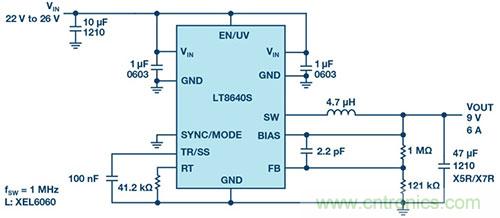 42 V、6 A（峰值7 A）、超低EMI輻射、高效率降壓型穩(wěn)壓器
