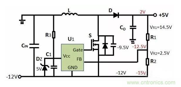 如何實現(xiàn)-12V輸入到+5V輸出?