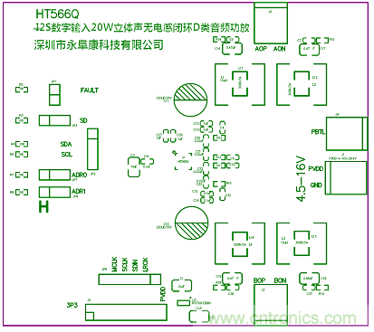 HT566 I2S數字輸入2x20W立體聲無電感閉環(huán)D類音頻功放解決方案