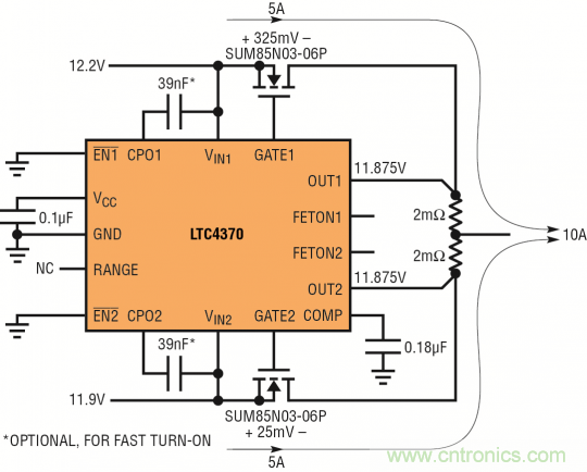 針對(duì)三個(gè)或四個(gè)電源的簡(jiǎn)易平衡負(fù)載均分，即使電源電壓不等也絲毫不受影響