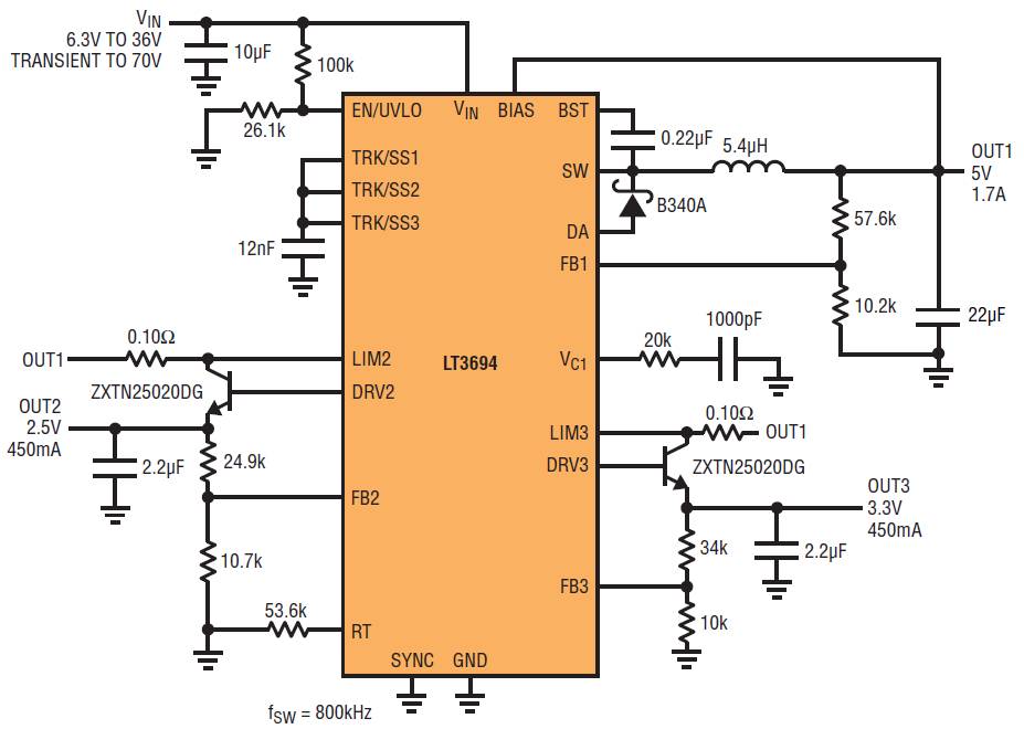 兩個(gè)低壓差線性穩(wěn)壓器創(chuàng)建極其緊湊的三路輸出解決方案 兩個(gè)低壓差線性穩(wěn)壓器創(chuàng)建極其緊湊的三路輸出解決方案