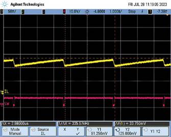  圖9.負載調(diào)整和折返頻率。隨著負載增大，頻率會折返以維持穩(wěn)定的輸出電壓。  在圖9中可以看到，隨著負載增加，器件頻率會折返以保持恒定的輸出電壓。器件在DCM下運行至約0.28 A，這就是頻率下降到約495 kHz然后又回升至657 kHz的原因。以657 kHz的頻率運行時，器件可以保持正常操作，直至負載達到0.7 A。此時頻率降低以保持適當?shù)妮敵鲭妷海敝霖撦d達到1.4 A左右。發(fā)生這種情況時，器件無法在保持輸出電壓的同時將頻率降低到100 kHz以下（該器件指定的最低反饋頻率），因此輸出電壓開始下降。  這個問題的解決辦法不像違反最小導通時間規(guī)范那么簡單。設(shè)計人員通常需要滿足特定的輸入電壓和輸出電壓要求，因此無法隨意更改占空比來延長關(guān)斷時間。如果設(shè)計人員可以提供更大的輸入電壓，則器件將以設(shè)定的頻率工作，因為較小占空比會防止器件違反最小關(guān)斷時間規(guī)范。這一點可以從圖10中看出，其中器件以設(shè)定的2 MHz頻率運行。